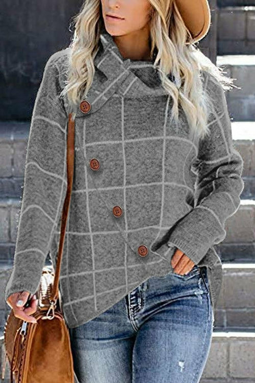 Button Wrap Turtleneck Pullover Plaid Print Knit Sweater