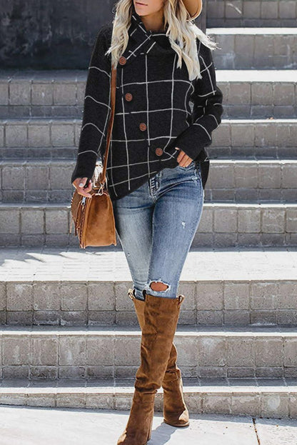 Button Wrap Turtleneck Pullover Plaid Print Knit Sweater