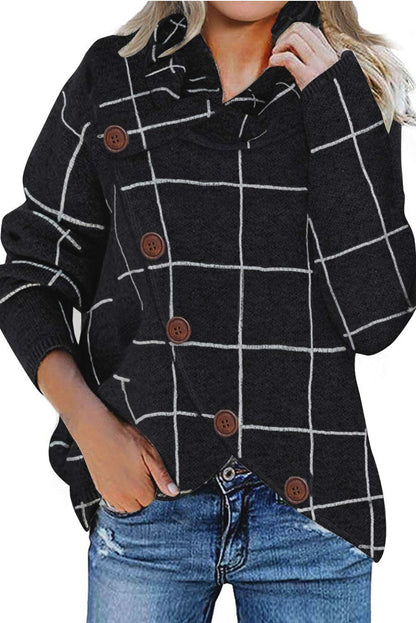 Button Wrap Turtleneck Pullover Plaid Print Knit Sweater