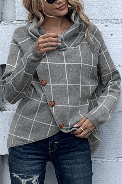 Button Wrap Turtleneck Pullover Plaid Print Knit Sweater