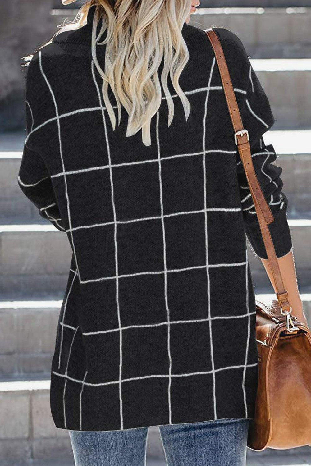 Button Wrap Turtleneck Pullover Plaid Print Knit Sweater