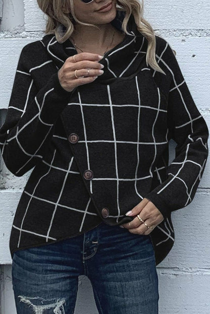 Button Wrap Turtleneck Pullover Plaid Print Knit Sweater