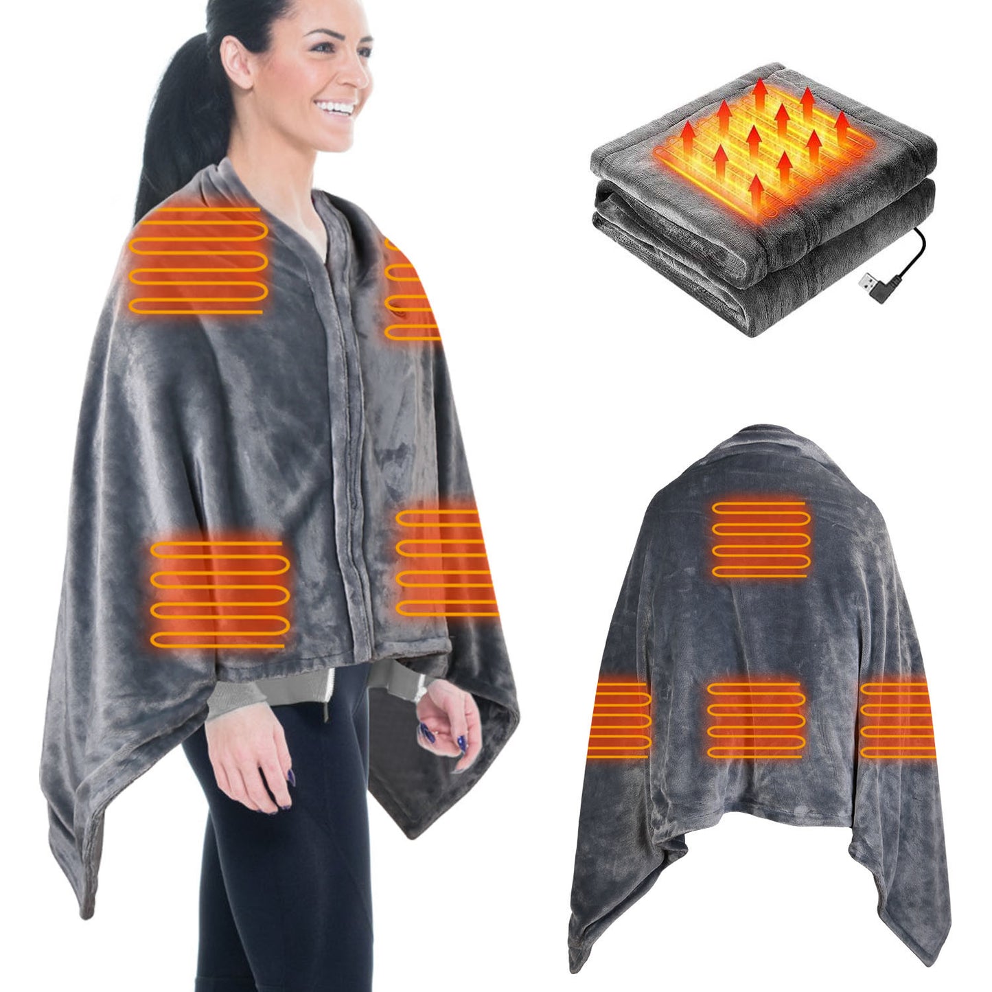 Electric Heated Blanket - Poncho Shawl Wrap Throw with Zipper Washable