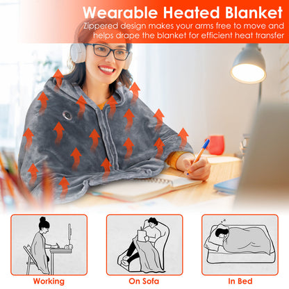 Electric Heated Blanket - Poncho Shawl Wrap Throw with Zipper Washable