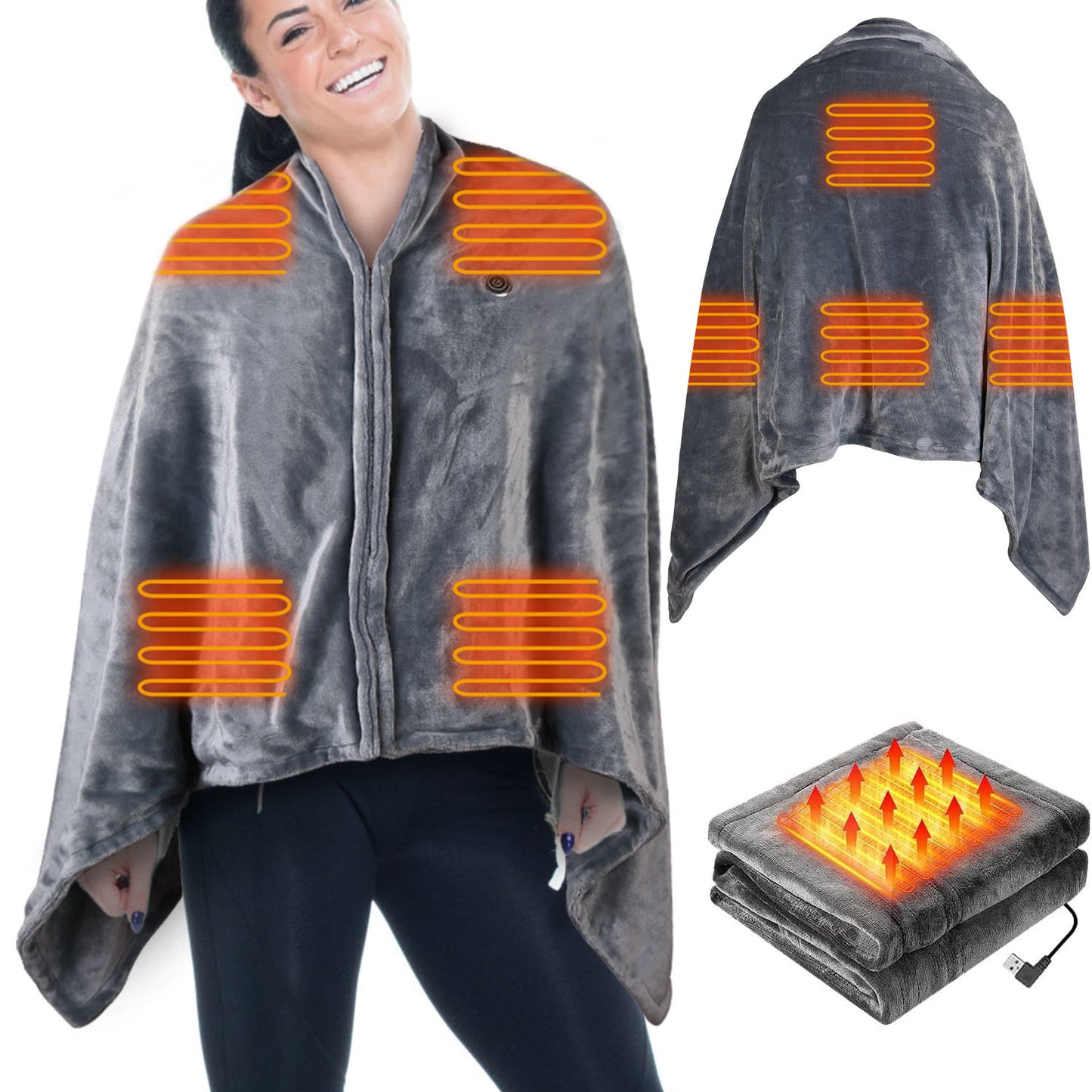 Electric Heated Blanket - Poncho Shawl Wrap Throw with Zipper Washable